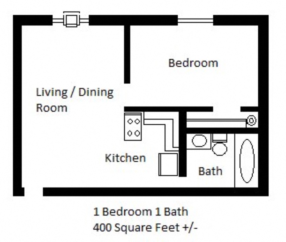 Floor plan for 1 bed, 1 bath, 400 sqft